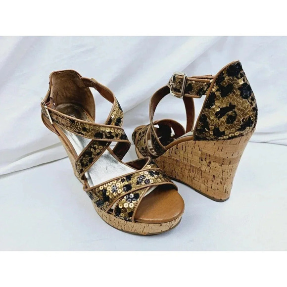 INC Size 9M Women Leopard Sequin "Dianara" Cork Wedge Cross Strap Peep Toe Heels - Picture 11 of 14